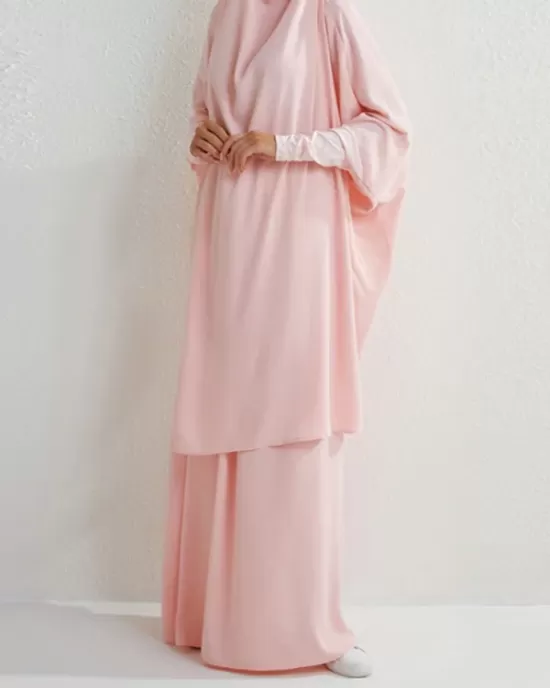 Solid Color Batwing Sleeves Long Sleeves Muslim High Neck Shirts Top + Skirts Bottom Two Pieces Set