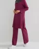 Round-Neck Long Sleeves Pockets Solid Color Split-Side Shirts Top + Pants Bottom Two Pieces Set