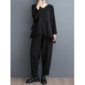 Split-Joint V-Neck Long Sleeves Asymmetric Solid Color T-Shirts Top + Harem Pants Elasticity Pants Bottom Two Pieces Set