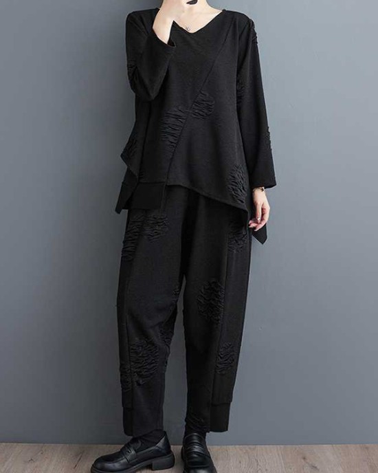 Split-Joint V-Neck Long Sleeves Asymmetric Solid Color T-Shirts Top + Harem Pants Elasticity Pants Bottom Two Pieces Set