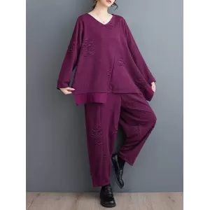 Split-Joint V-Neck Long Sleeves Asymmetric Solid Color T-Shirts Top + Harem Pants Elasticity Pants Bottom Two Pieces Set