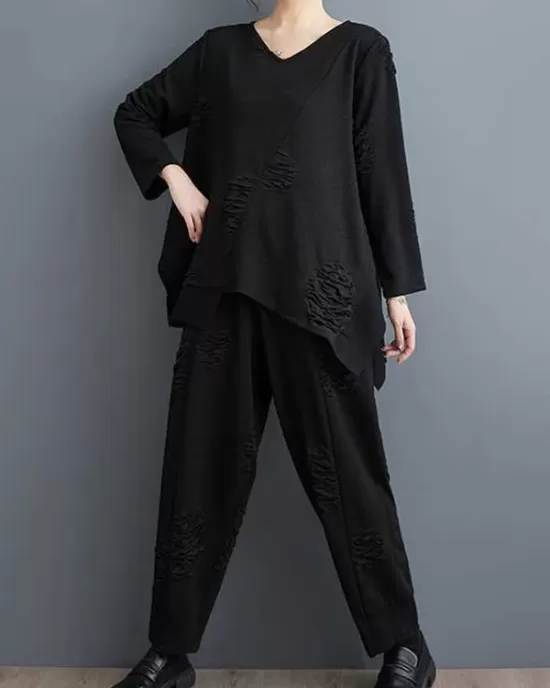 Split-Joint V-Neck Long Sleeves Asymmetric Solid Color T-Shirts Top + Harem Pants Elasticity Pants Bottom Two Pieces Set