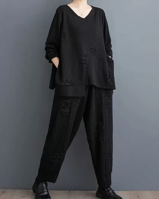 Split-Joint V-Neck Long Sleeves Asymmetric Solid Color T-Shirts Top + Harem Pants Elasticity Pants Bottom Two Pieces Set