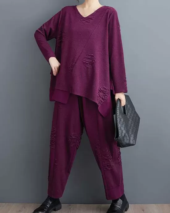 Split-Joint V-Neck Long Sleeves Asymmetric Solid Color T-Shirts Top + Harem Pants Elasticity Pants Bottom Two Pieces Set