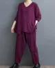 Split-Joint V-Neck Long Sleeves Asymmetric Solid Color T-Shirts Top + Harem Pants Elasticity Pants Bottom Two Pieces Set