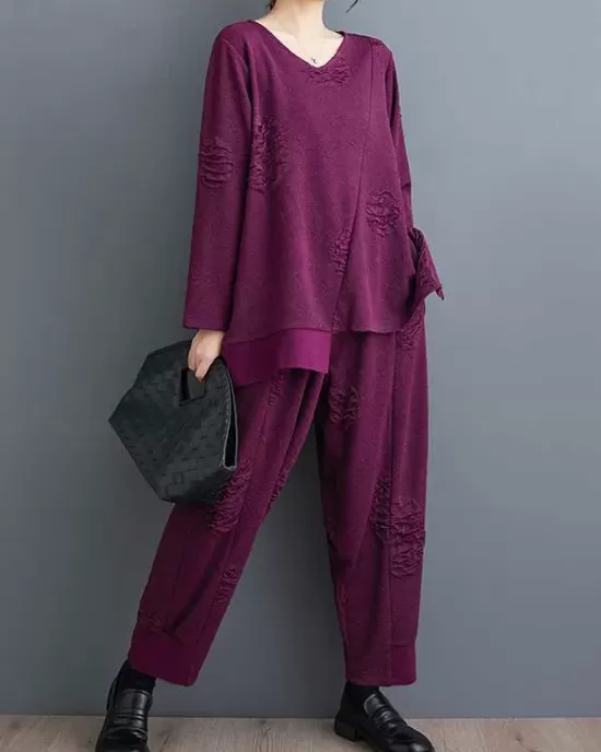 Split-Joint V-Neck Long Sleeves Asymmetric Solid Color T-Shirts Top + Harem Pants Elasticity Pants Bottom Two Pieces Set