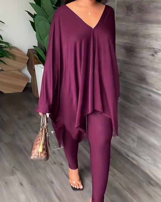 Batwing Sleeves Loose Solid Color V-Back V-Neck Shirts Tops&Pants Two Pieces Set