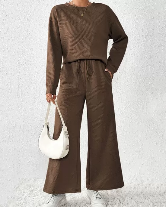 Round-Neck Long Sleeves Loose Solid Color Shirts Top + Drawstring Pants Bottom Two Pieces Set