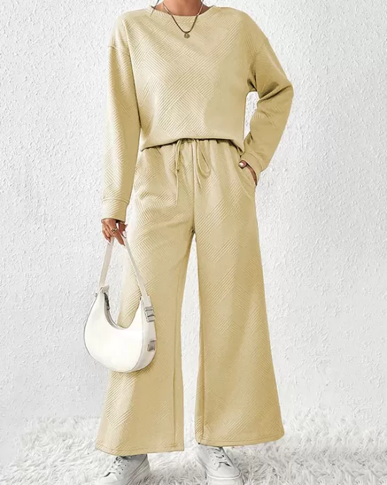 Round-Neck Long Sleeves Loose Solid Color Shirts Top + Drawstring Pants Bottom Two Pieces Set