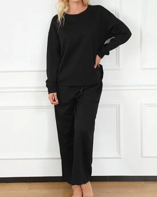 Round-Neck Long Sleeves Loose Solid Color Shirts Top + Drawstring Pants Bottom Two Pieces Set