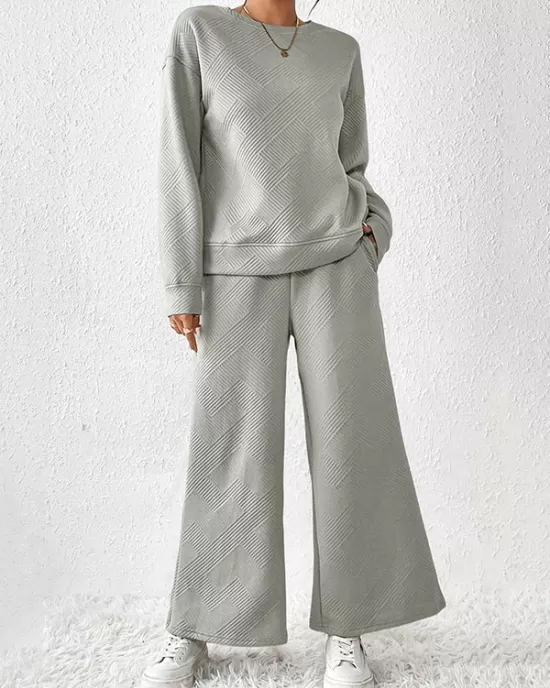 Round-Neck Long Sleeves Loose Solid Color Shirts Top + Drawstring Pants Bottom Two Pieces Set