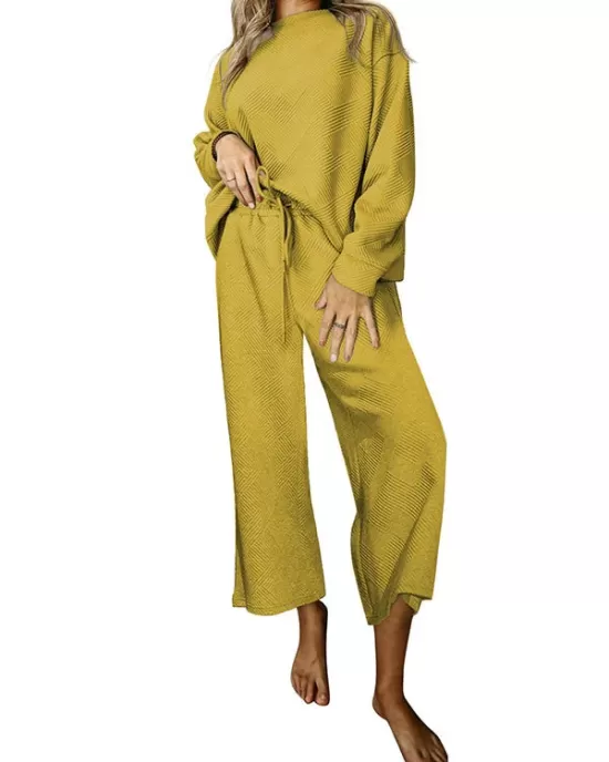 Round-Neck Long Sleeves Loose Solid Color Shirts Top + Drawstring Pants Bottom Two Pieces Set