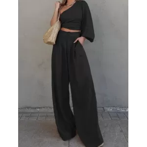 Solid Color One-Shoulder Long Sleeves Loose Asymmetric Elasticity Knot Pleated Shirts Top + Pants Bottom Two Pieces Set