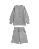 Loose Buttoned Long Sleeves Round-Neck Sweater Top + Drawstring Shorts Bottom Two Pieces Set