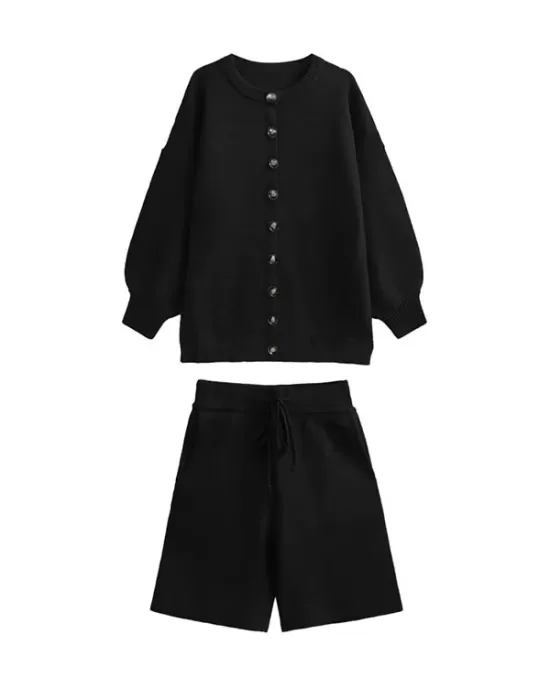 Loose Buttoned Long Sleeves Round-Neck Sweater Top + Drawstring Shorts Bottom Two Pieces Set