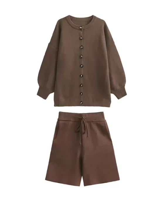 Loose Buttoned Long Sleeves Round-Neck Sweater Top + Drawstring Shorts Bottom Two Pieces Set