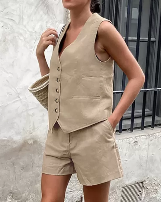 Sleeveless Buttoned Loose Pockets V-Neck Vest Top + Shorts Bottom Two Pieces Set