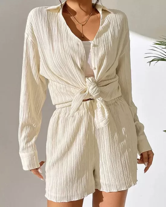 Loose Buttoned Long Sleeves Pleated Solid Color Lapel Shirts Top + Elasticity Shorts Bottom Two Pieces Set