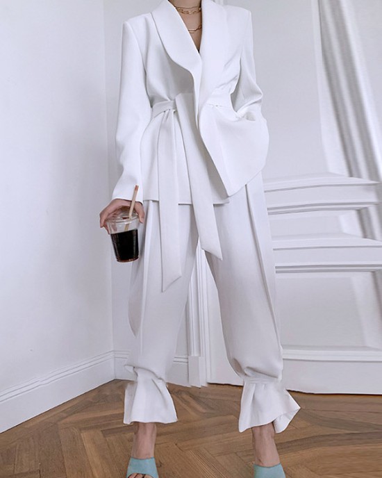 Solid Color Column Long Sleeves Lapel Blazer Top&Pants Two Pieces Set