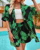 Leaves Print Loose Short Sleeves Buttoned Collarless T-Shirts Top + Drawstring Elasticity Shorts Bottom Two Pieces Set