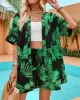 Leaves Print Loose Short Sleeves Buttoned Collarless T-Shirts Top + Drawstring Elasticity Shorts Bottom Two Pieces Set