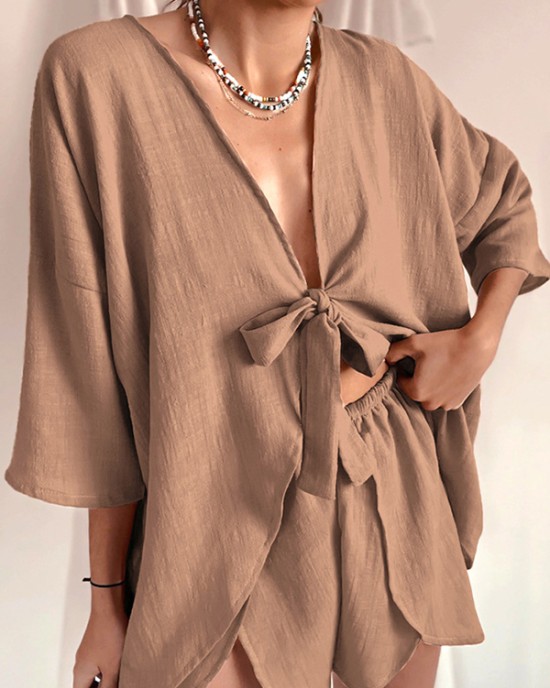 Solid Color Tied Half Sleeves V-Neck Shirts Top + High Waisted Elasticity Shorts Bottom Two Pieces Set