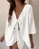 Solid Color Tied Half Sleeves V-Neck Shirts Top + High Waisted Elasticity Shorts Bottom Two Pieces Set