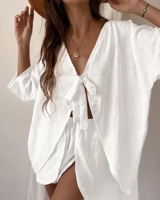 Solid Color Tied Half Sleeves V-Neck Shirts Top + High Waisted Elasticity Shorts Bottom Two Pieces Set