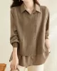 Long Sleeves Loose Solid Color Lapel  Inner Shirt + Pockets Buttoned Outer Knit Vest Two Pieces Set