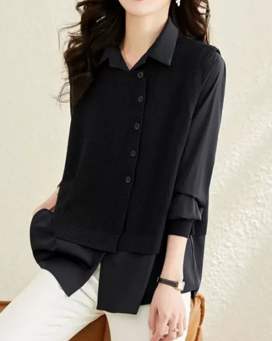 Long Sleeves Loose Solid Color Lapel  Inner Shirt + Pockets Buttoned Outer Knit Vest Two Pieces Set