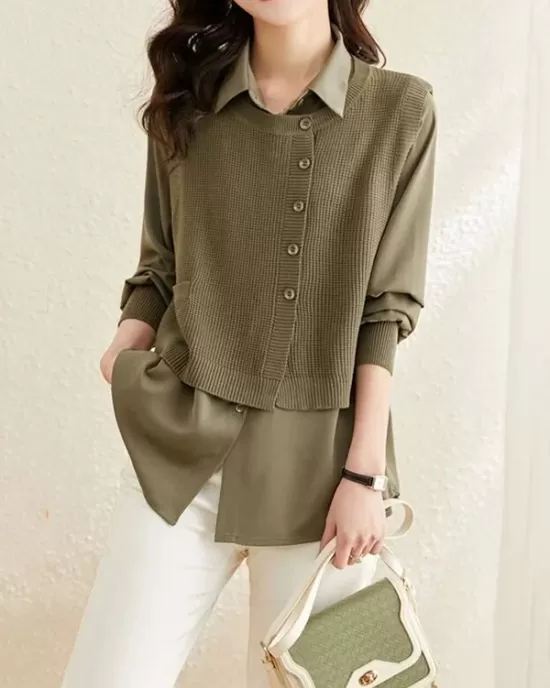 Long Sleeves Loose Solid Color Lapel  Inner Shirt + Pockets Buttoned Outer Knit Vest Two Pieces Set