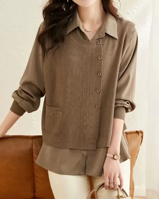 Long Sleeves Loose Solid Color Lapel  Inner Shirt + Pockets Buttoned Outer Knit Vest Two Pieces Set