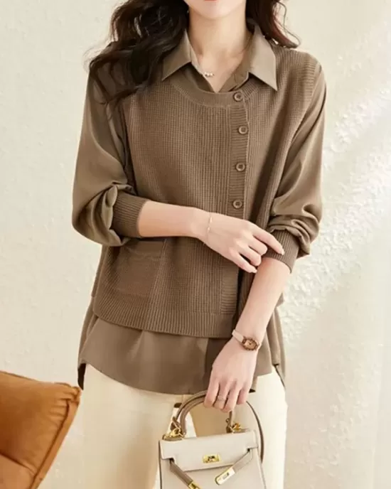 Long Sleeves Loose Solid Color Lapel  Inner Shirt + Pockets Buttoned Outer Knit Vest Two Pieces Set