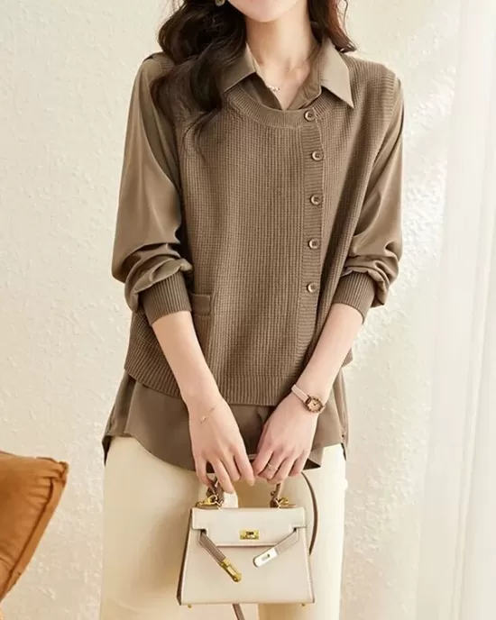 Long Sleeves Loose Solid Color Lapel  Inner Shirt + Pockets Buttoned Outer Knit Vest Two Pieces Set