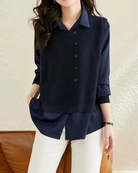 Long Sleeves Loose Solid Color Lapel  Inner Shirt + Pockets Buttoned Outer Knit Vest Two Pieces Set