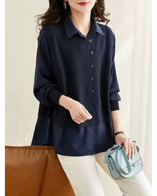 Long Sleeves Loose Solid Color Lapel  Inner Shirt + Pockets Buttoned Outer Knit Vest Two Pieces Set