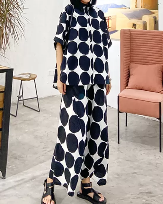 Round-Neck Batwing Sleeves Buttoned Polka-Dot Shirts Top + Elasticity Pockets Harem Pants Pants Bottom Two Pieces Set