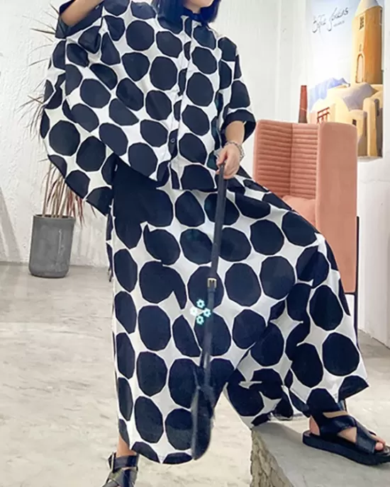 Round-Neck Batwing Sleeves Buttoned Polka-Dot Shirts Top + Elasticity Pockets Harem Pants Pants Bottom Two Pieces Set