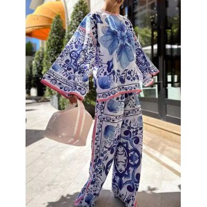 Round-Neck Flared Sleeves Long Sleeves Flower Print T-Shirts Top + Pants Bottom Two Pieces Set