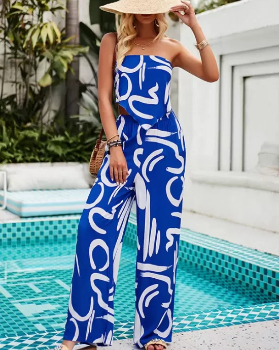 Printed Tied Sleeveless Tube Top + Wide Leg Elasticity Pockets Pants Bottom Two Pieces Set