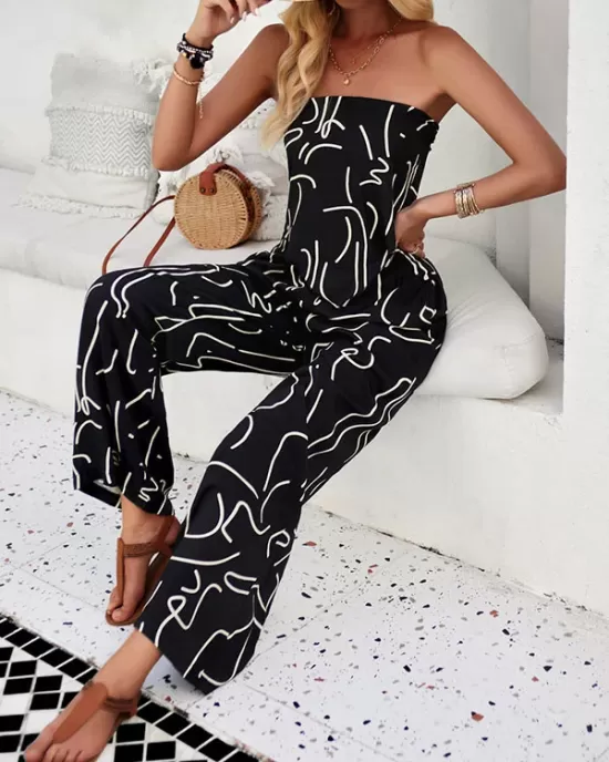 Printed Tied Sleeveless Tube Top + Wide Leg Elasticity Pockets Pants Bottom Two Pieces Set