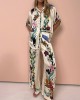 Loose Buttoned Half Sleeves Flower Print Pockets Lapel T-shirt Top + Drawstring Elasticity Pants Bottom Two Pieces Set