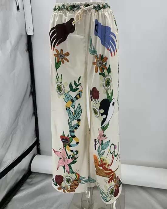 Loose Buttoned Half Sleeves Flower Print Pockets Lapel T-shirt Top + Drawstring Elasticity Pants Bottom Two Pieces Set