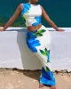 Round-Neck Sleeveless Flower Print Vest Top + Bodycon Skirts Bottom Two Pieces Set