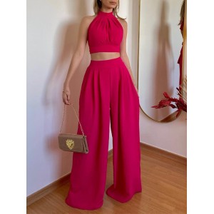 Solid Color Pleated Split-Joint Backless High Neck Vest + High Waisted Loose Pants Trousers Two Pieces Set