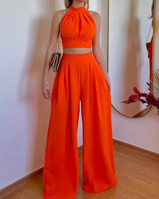 Solid Color Pleated Split-Joint Backless High Neck Vest + High Waisted Loose Pants Trousers Two Pieces Set