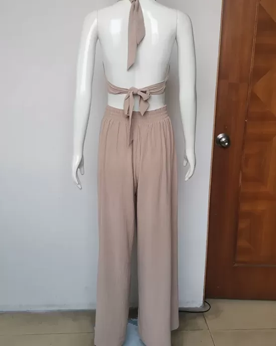 Solid Color Pleated Split-Joint Backless High Neck Vest + High Waisted Loose Pants Trousers Two Pieces Set