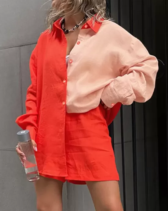 Loose Long Sleeves Contrast Color Split-Joint Lapel Blouse + Solid Color Shorts Two Pieces Set