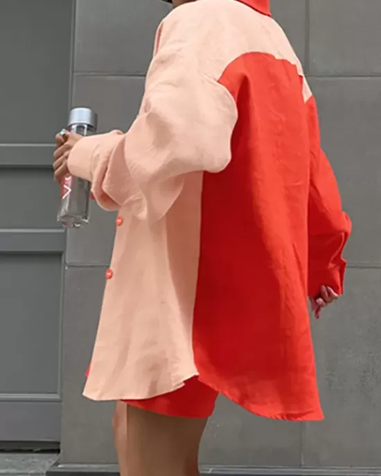 Loose Long Sleeves Contrast Color Split-Joint Lapel Blouse + Solid Color Shorts Two Pieces Set