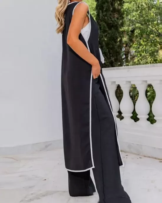 Contrast Color Loose Split-Side Tied Collarless Outerwear Top + High Waisted Pants Bottom Two Pieces Set